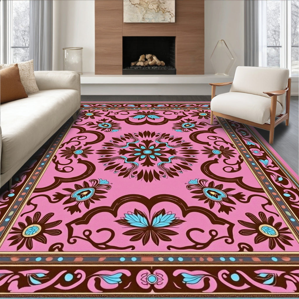 Pink Floral Medallion Brown Blue Accent Rug