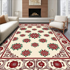 Crimson Rose Floral Cream Border Rug