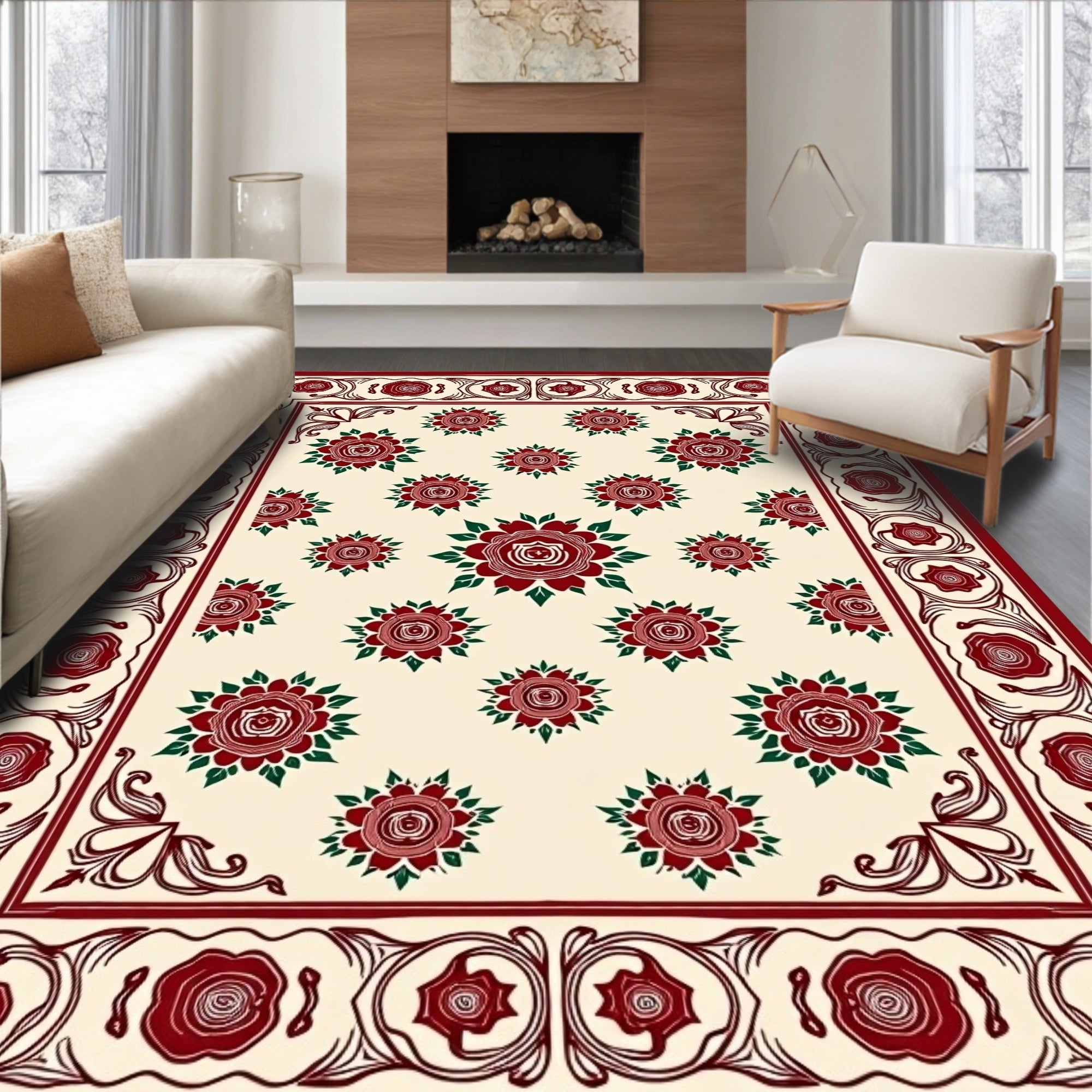 Crimson Rose Floral Cream Border Rug
