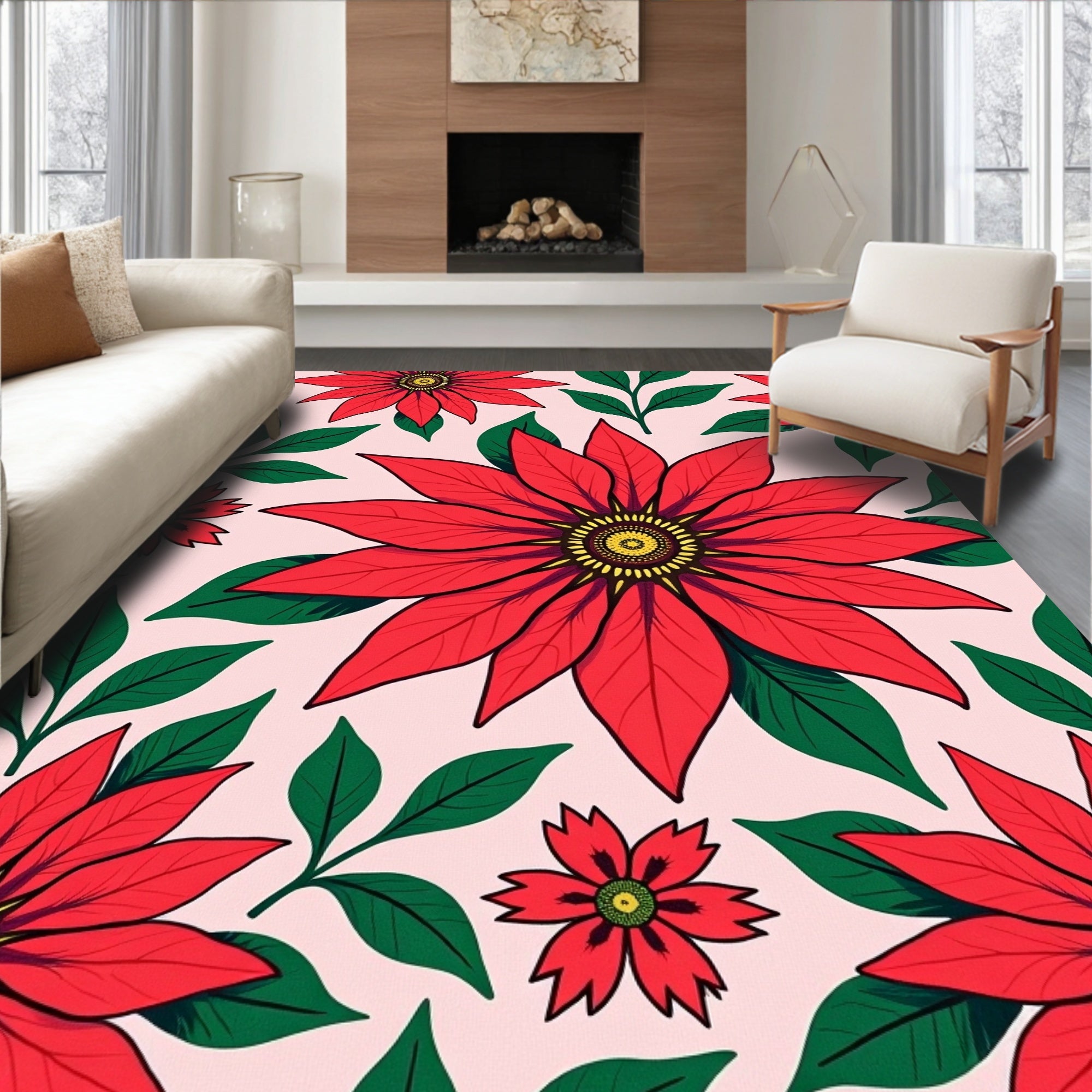 Bold Red Poinsettia Garden Background Rug