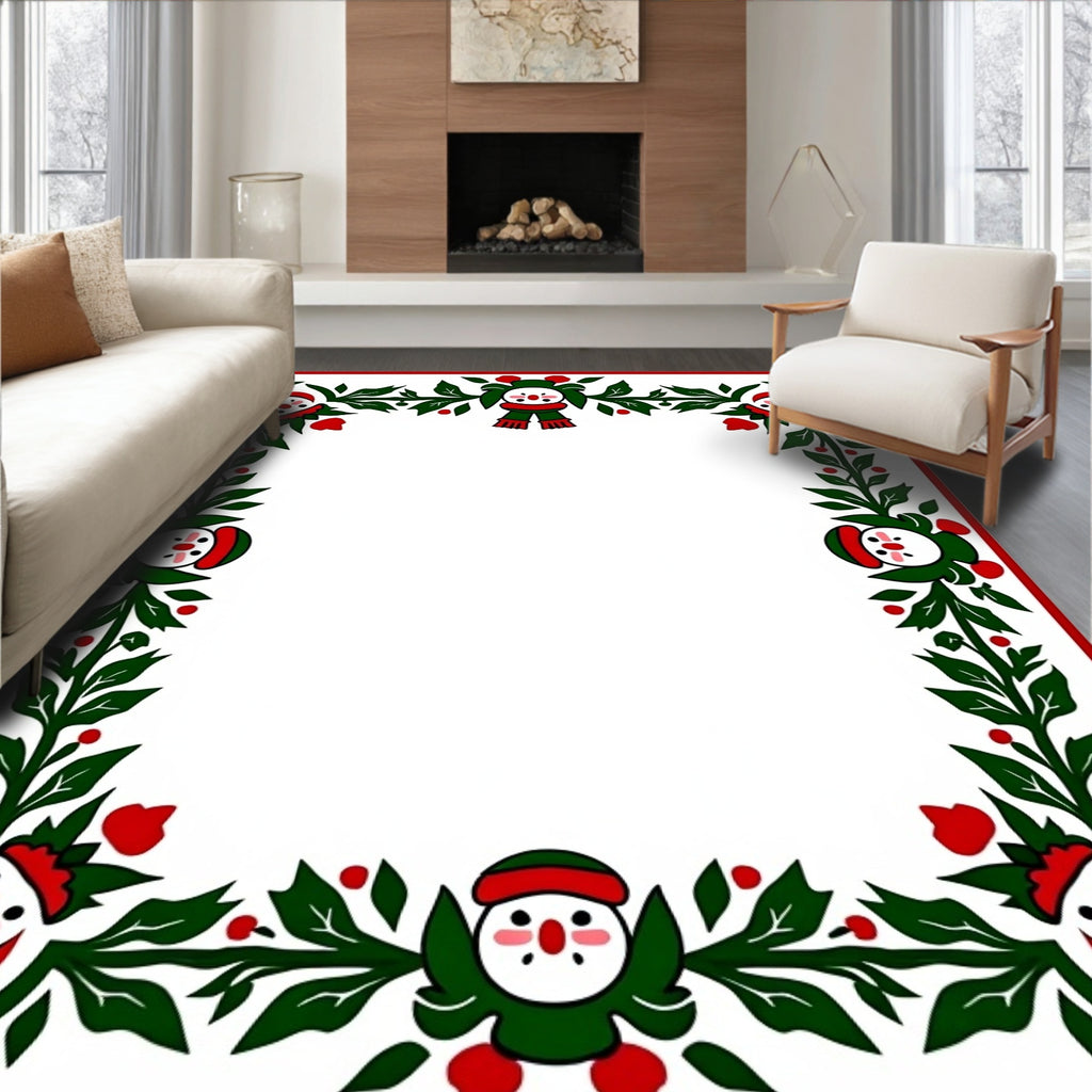 Festive Snowmen Green Leaf Garland Border Rug
