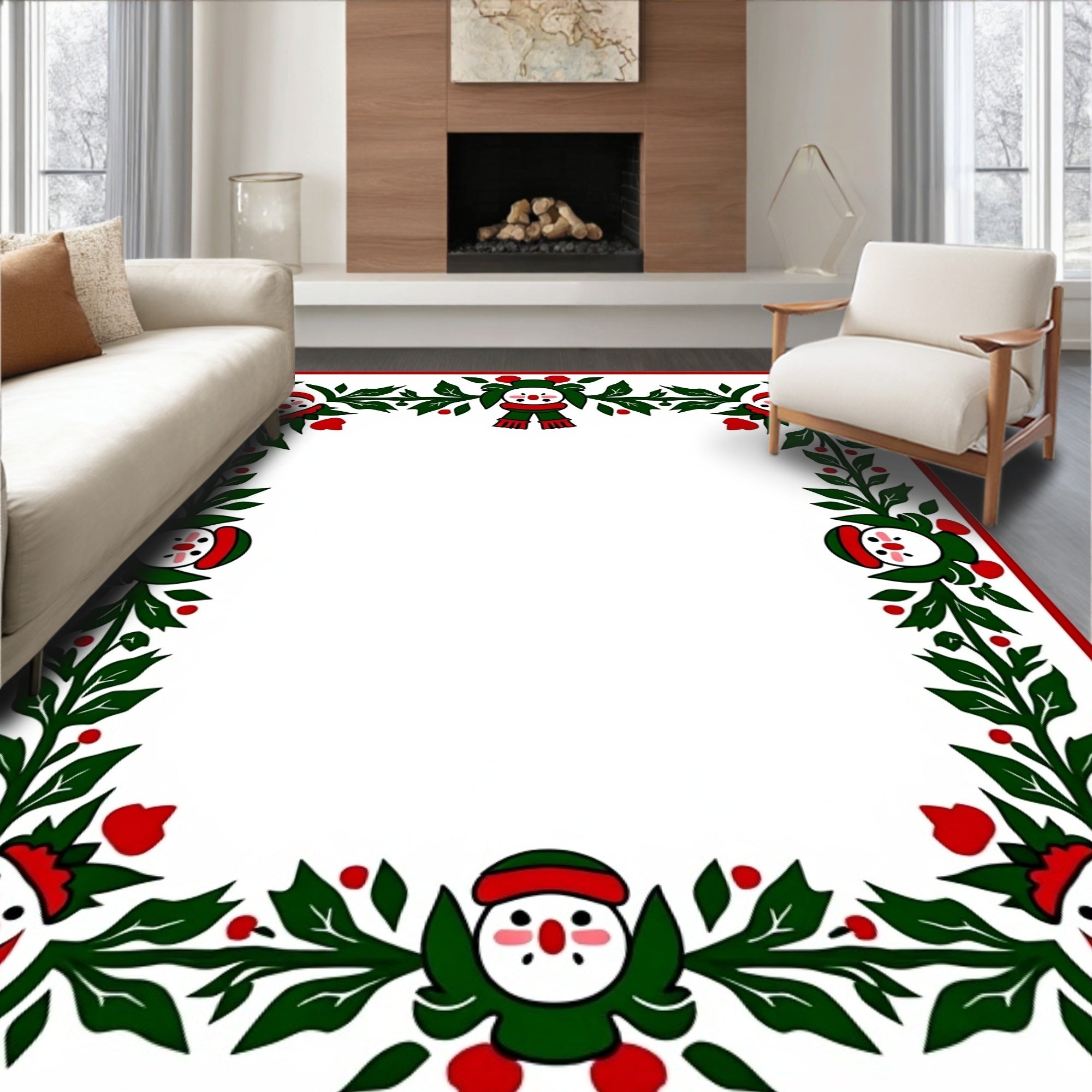 Festive Snowmen Green Leaf Garland Border Rug