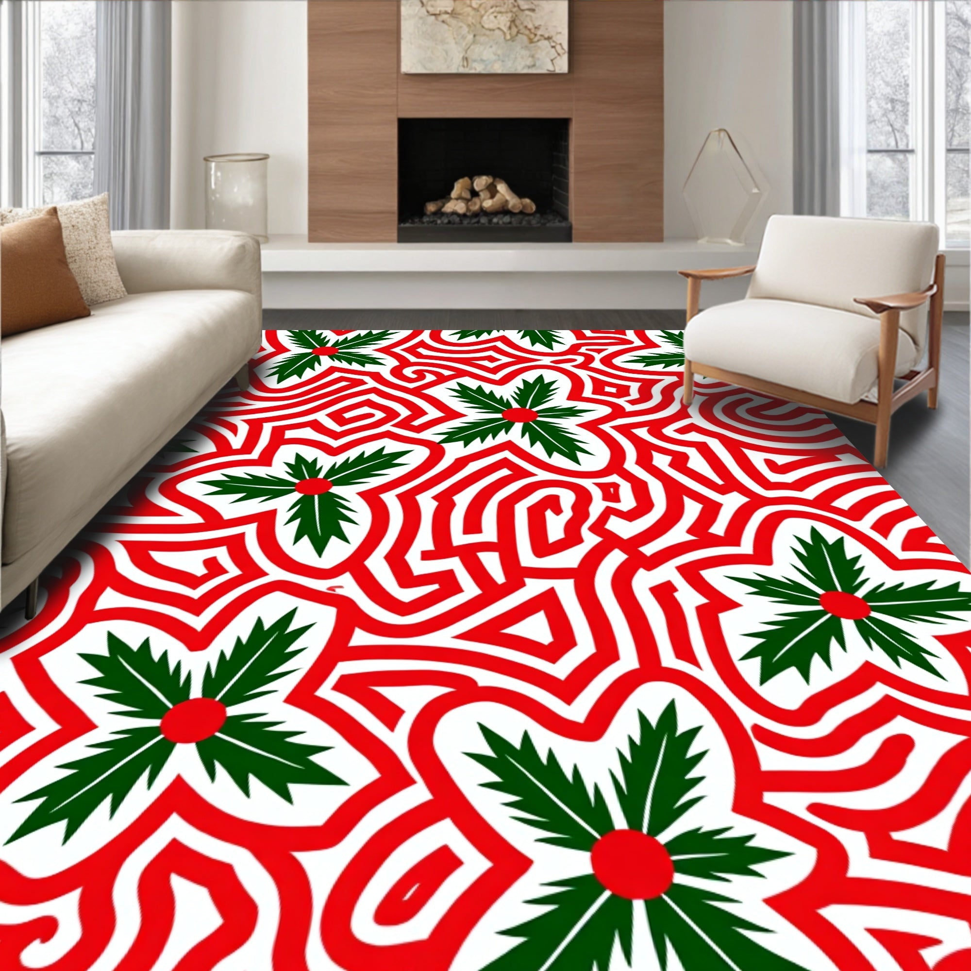 Red Green Floral Swirl Rug