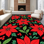 Red Poinsettia Floral Black Rug