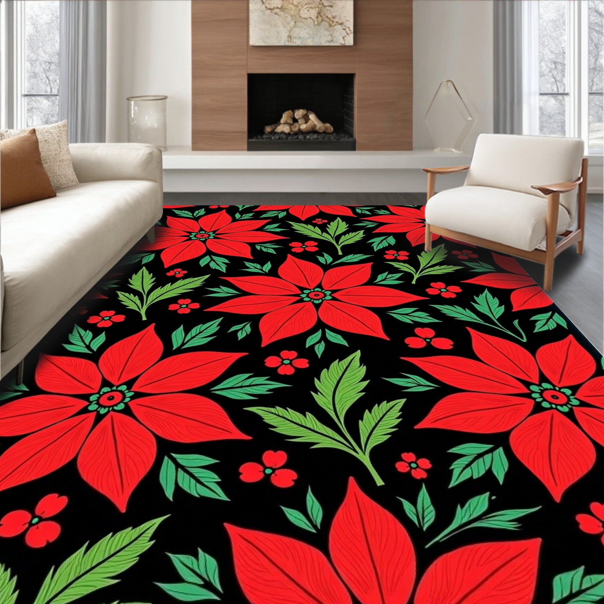 Red Poinsettia Floral Black Rug