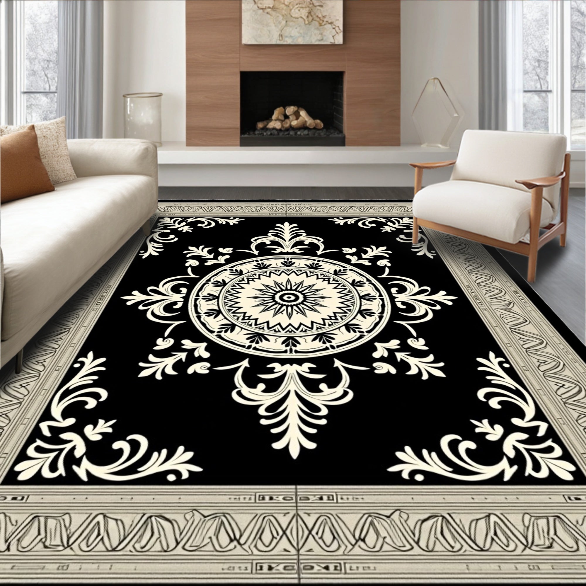 Ornate Black Ivory Mandala Medallion Rug