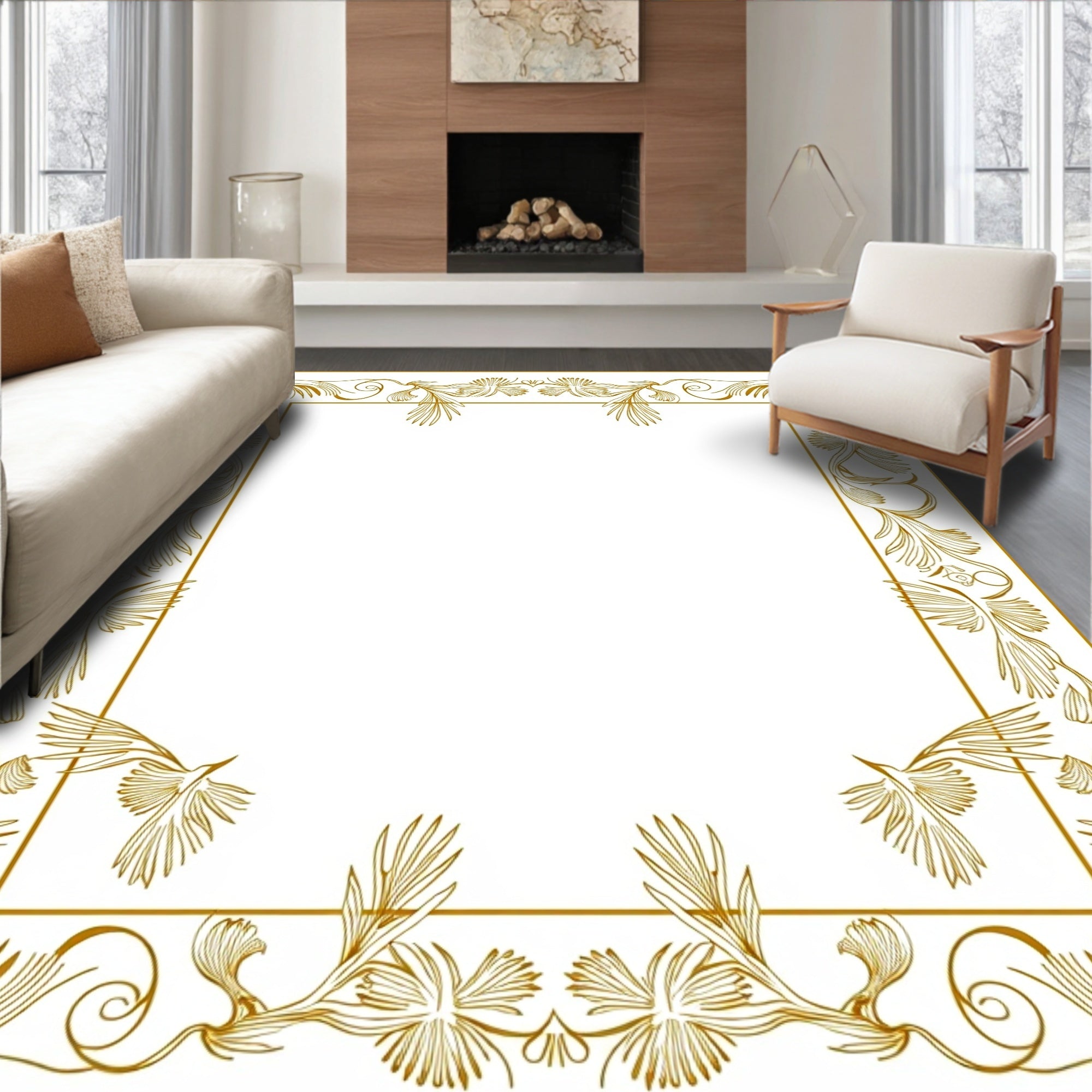 Golden Floral Bird Scrollwork Border Rug
