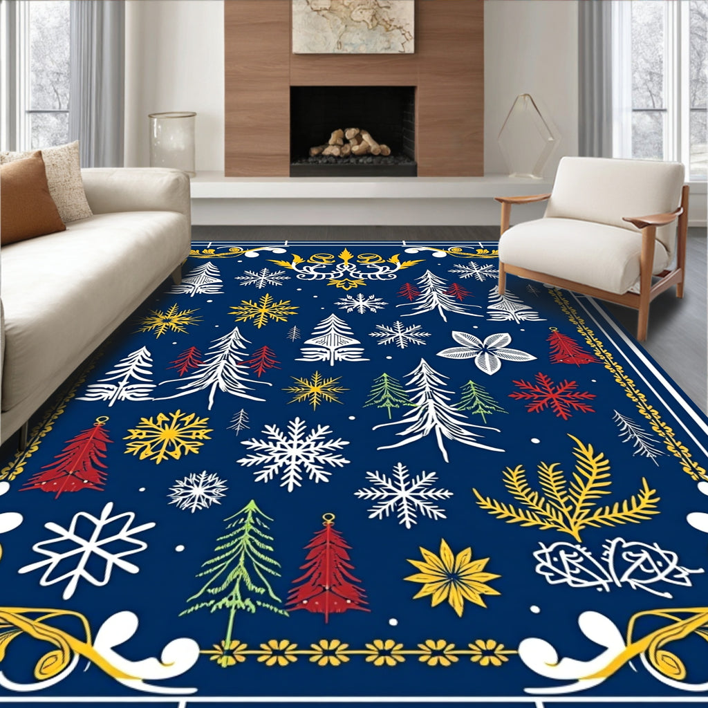 Winter Forest Snowflakes Red Yellow Trees Rug