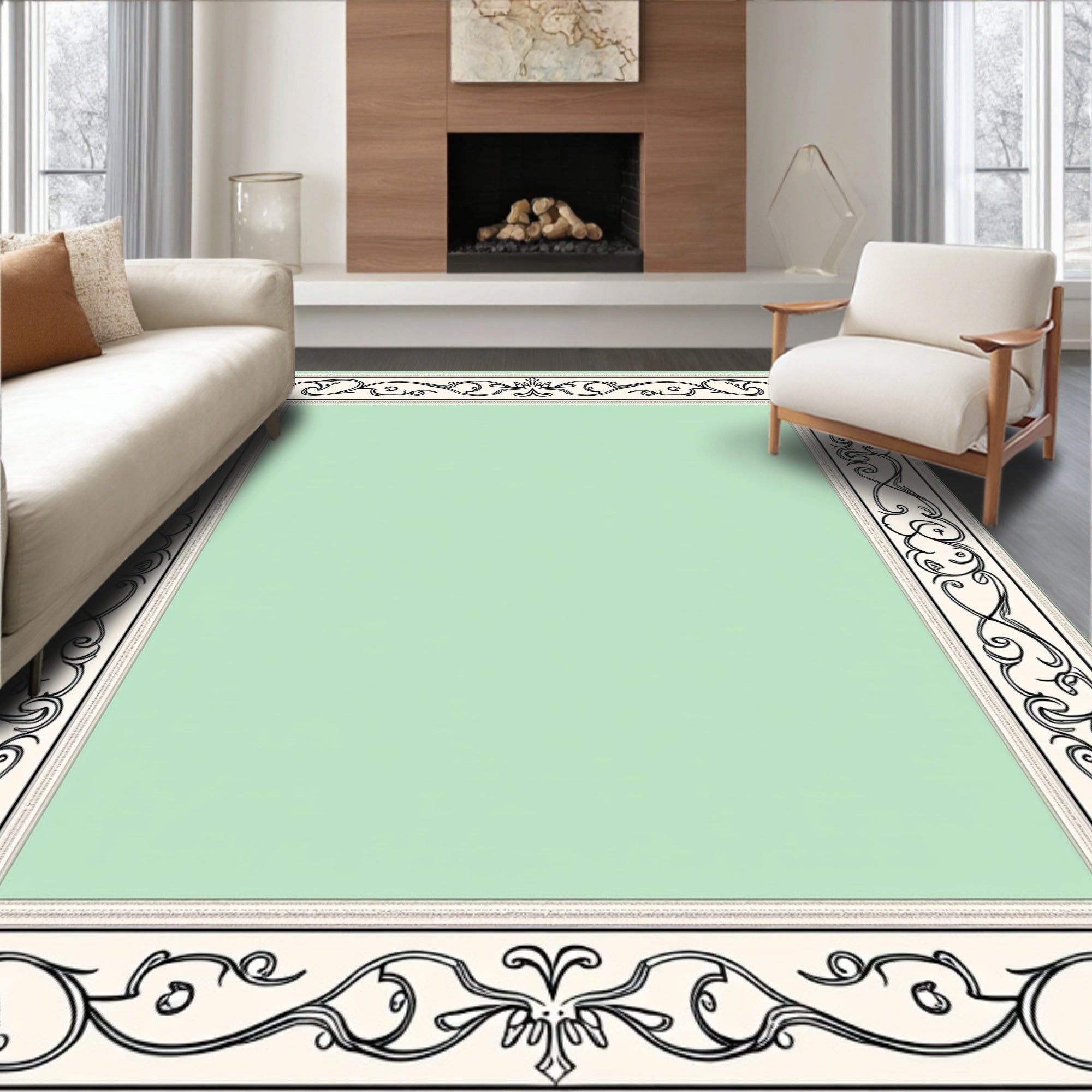 Cream Black Scrollwork Border Mint Rug