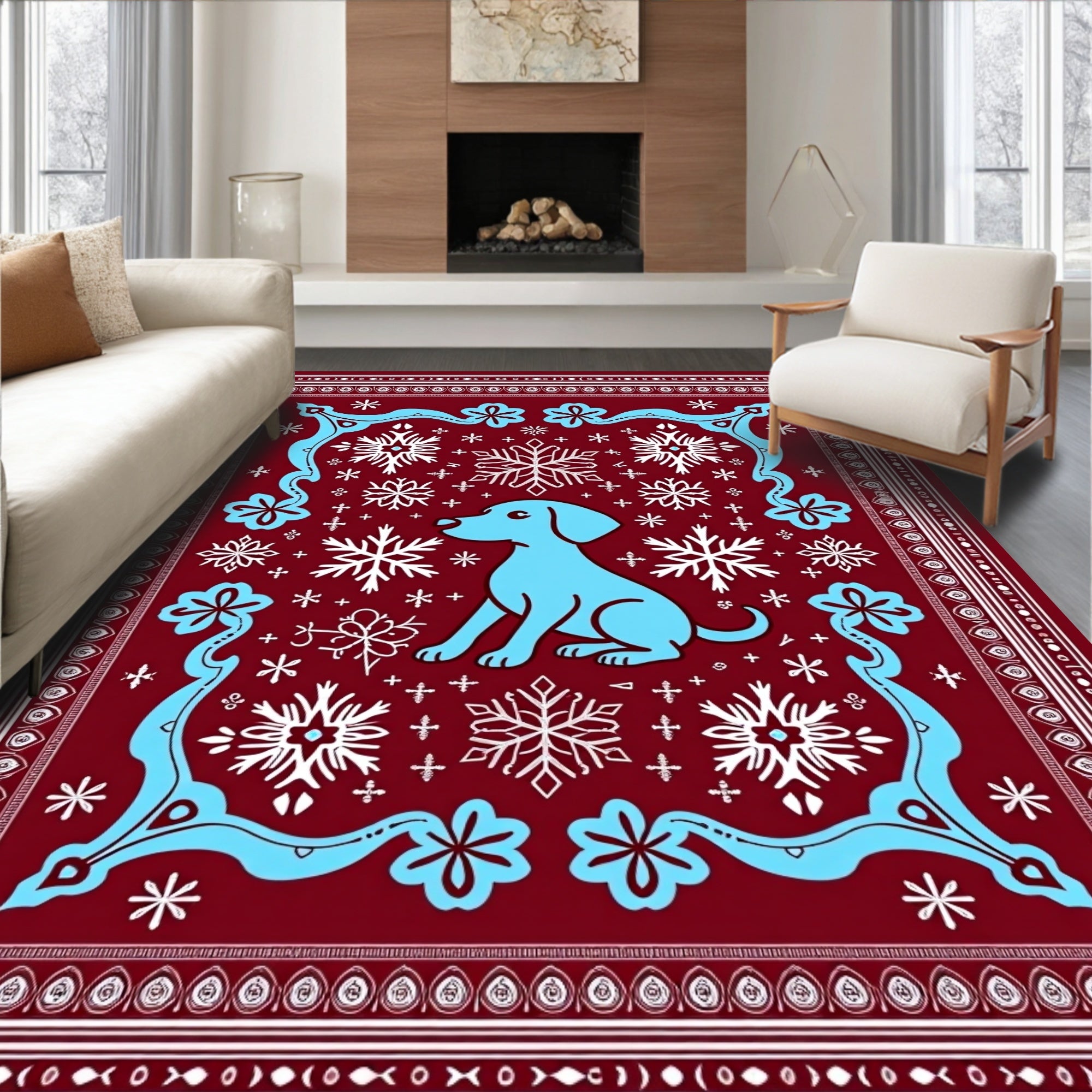 Blue Dog Snowflakes Crimson Border Rug