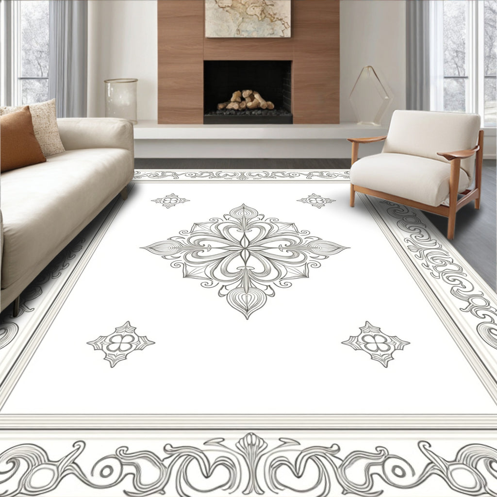 Ornate White Floral Medallion Frame Rug