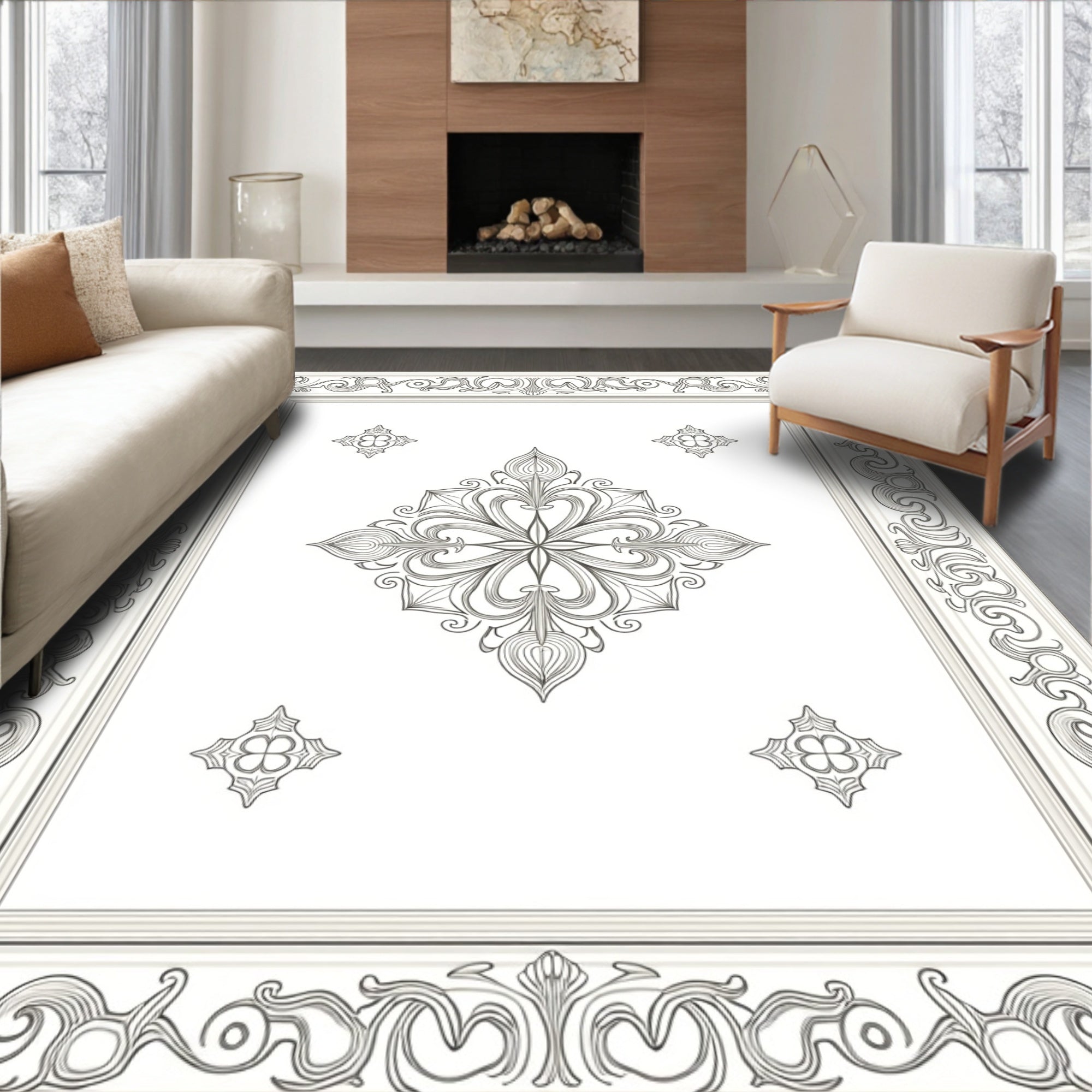 Ornate White Floral Medallion Frame Rug