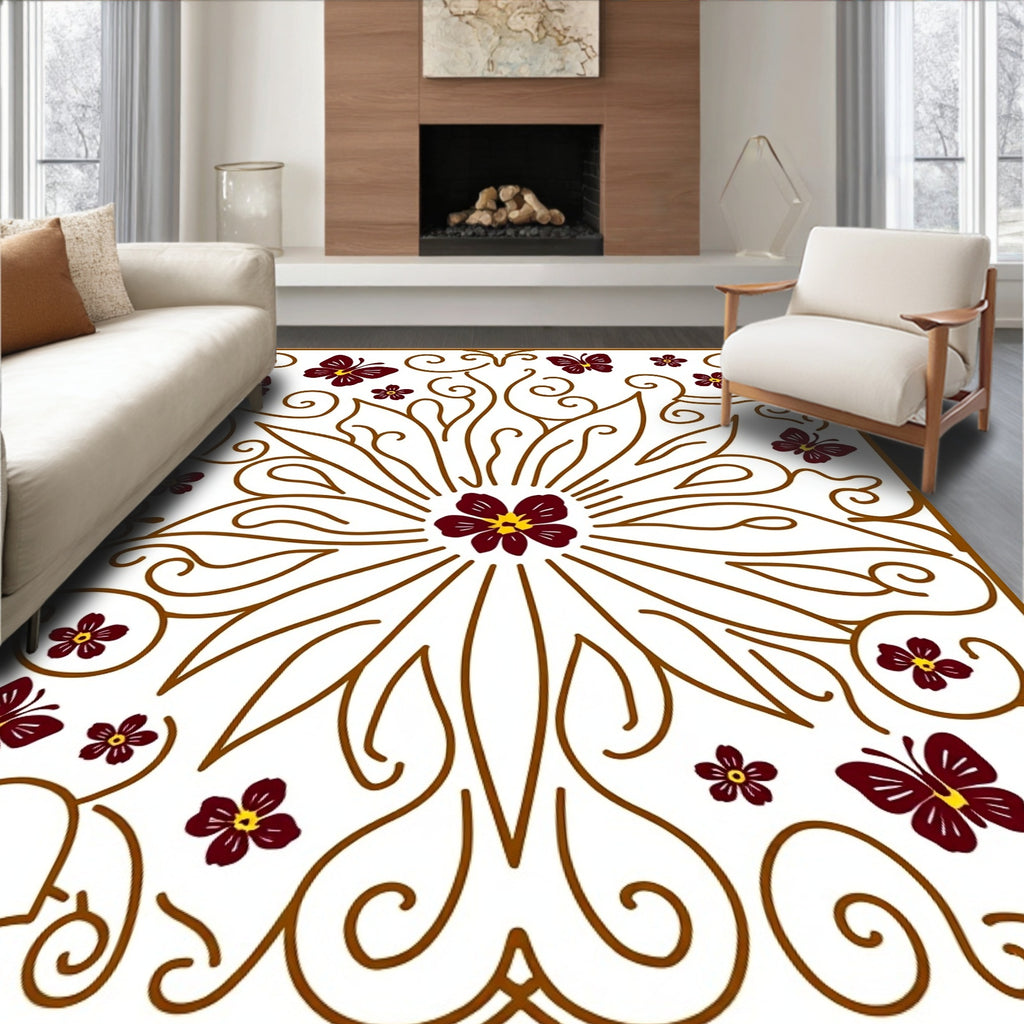 Maroon Butterfly Floral Swirl Scroll Rug