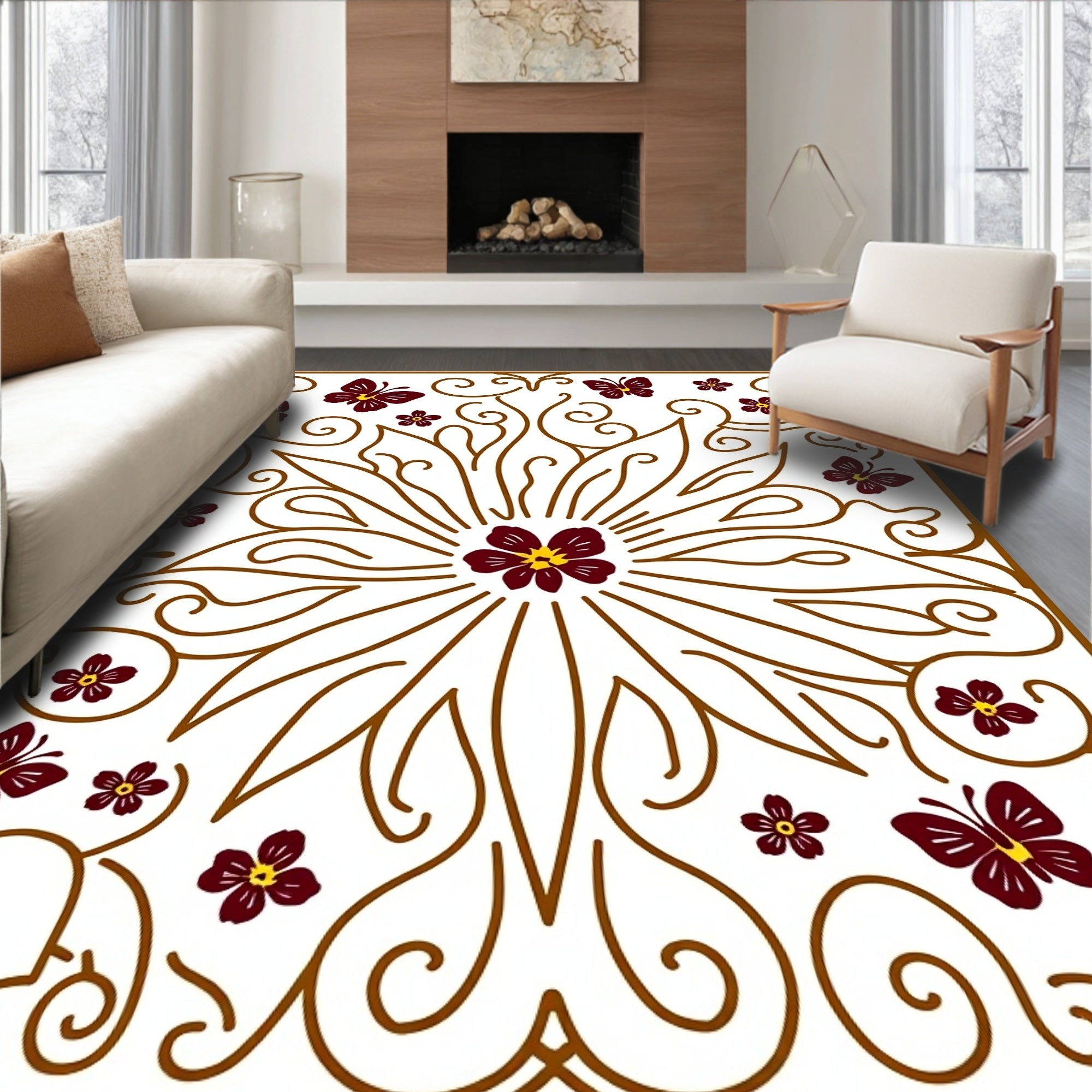 Maroon Butterfly Floral Swirl Scroll Rug