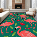 Coral Flamingos and Red Flowers Rug