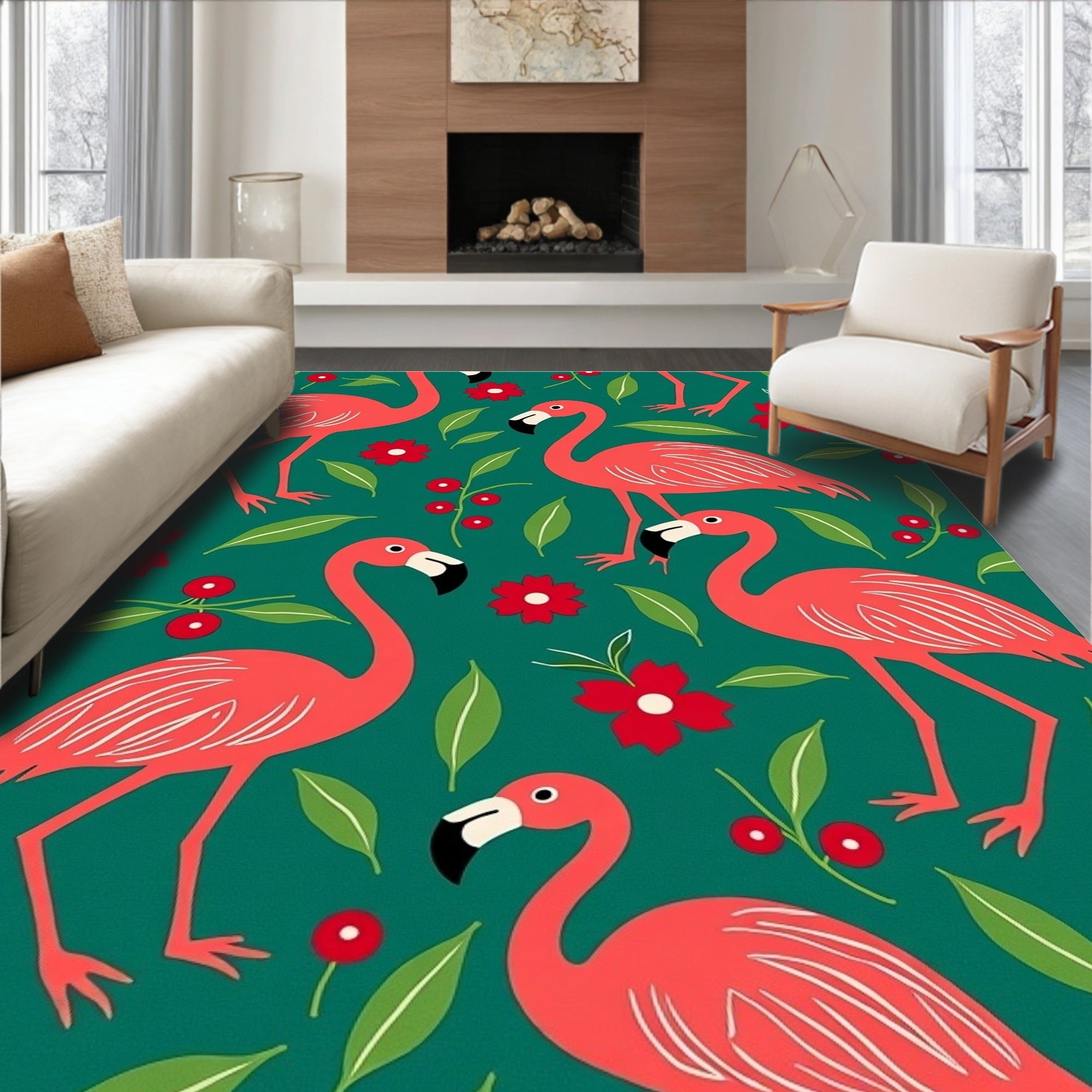Coral Flamingos and Red Flowers Rug