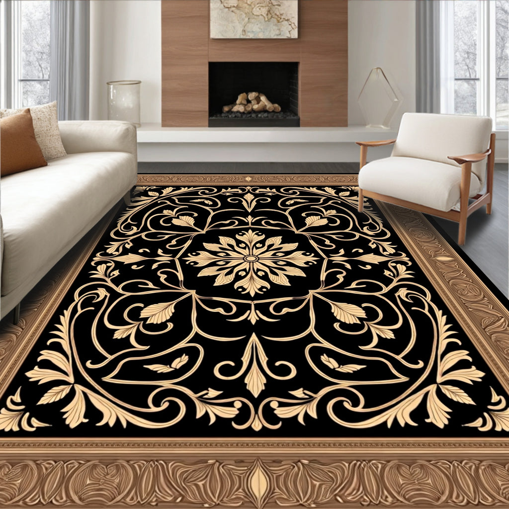 Golden Black Floral Scroll Frame Rug
