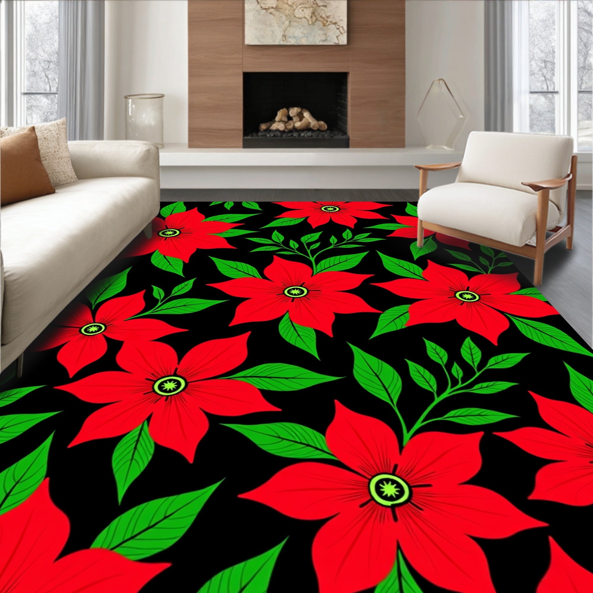 Bold Red Floral Branch Black Rug