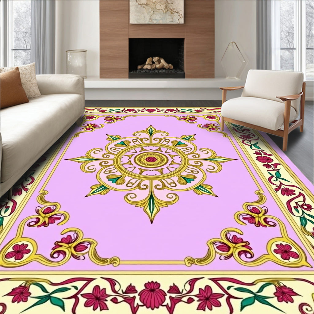 Ornate Pink Floral Gold Medallion Rug