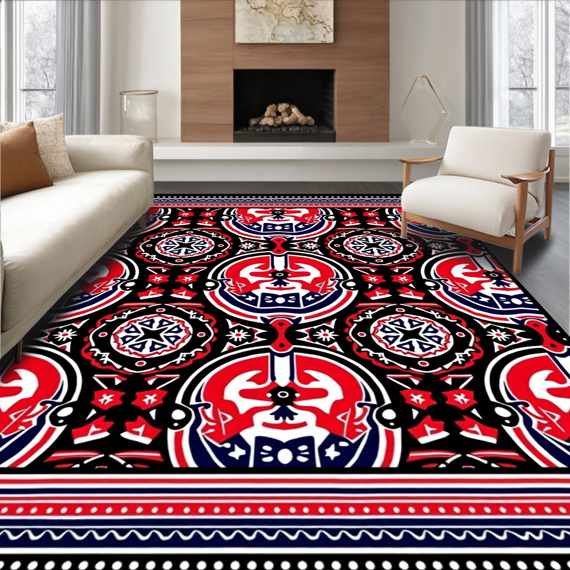 Bold Red Blue Black Circular Collage Rug