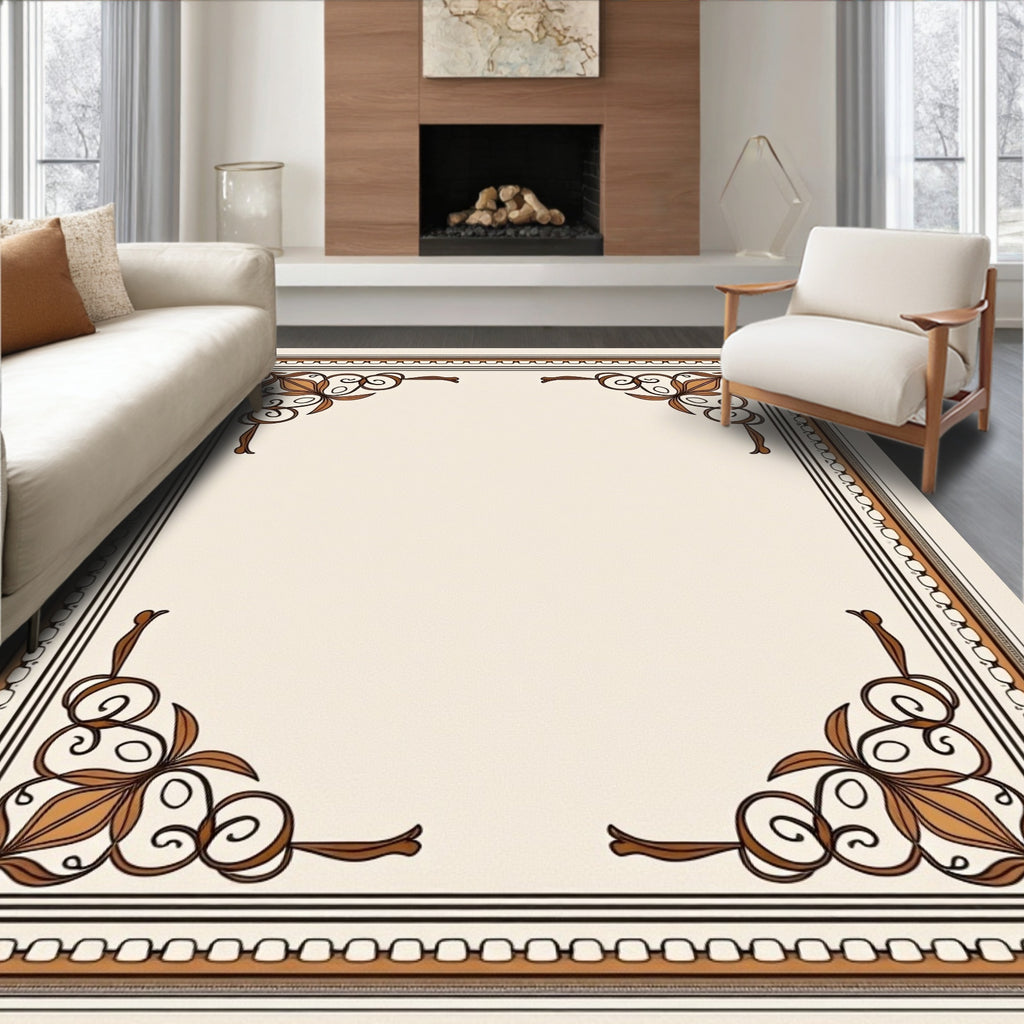Brown Floral Scroll Border Rug