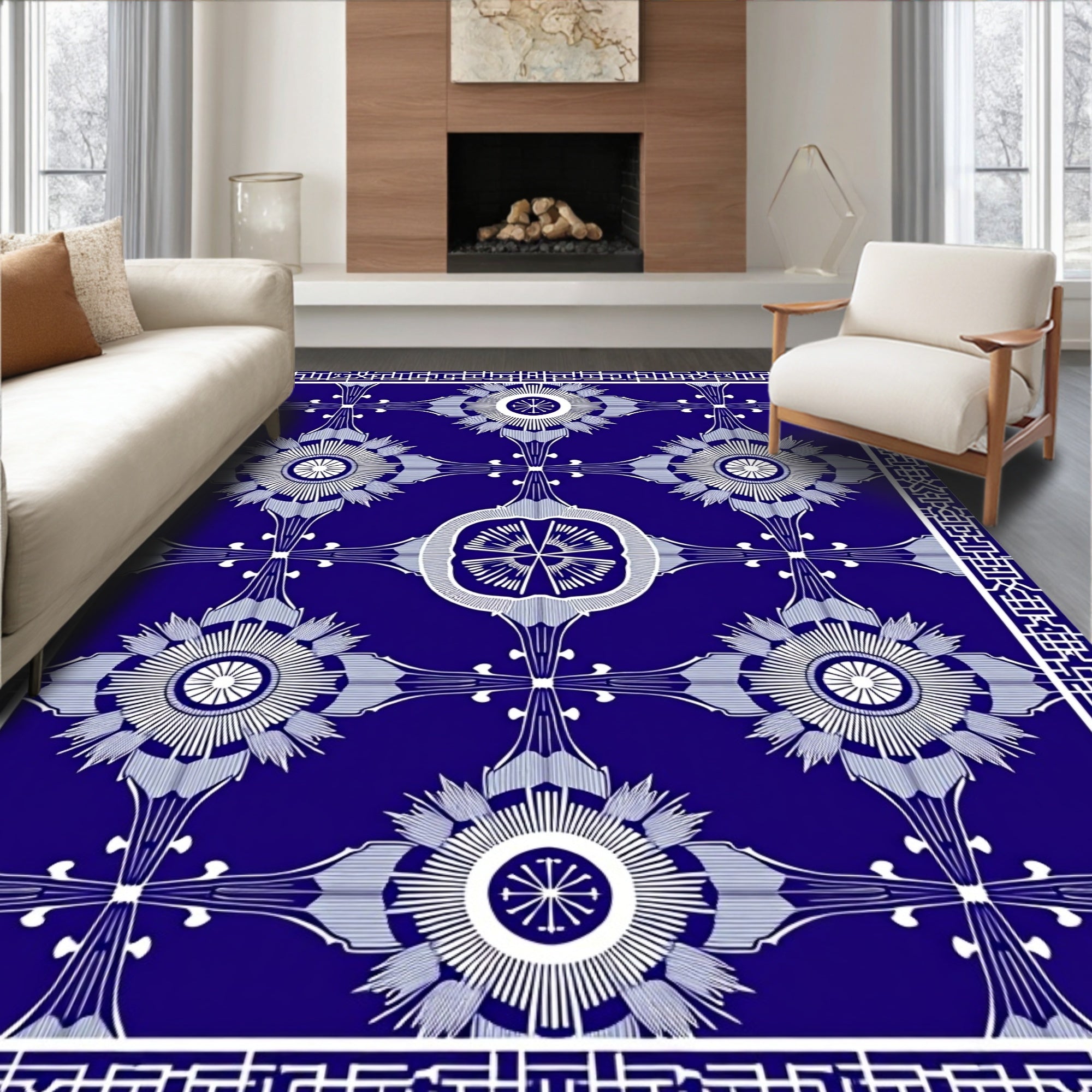 Deep Blue Floral Medallion Geometric Rug