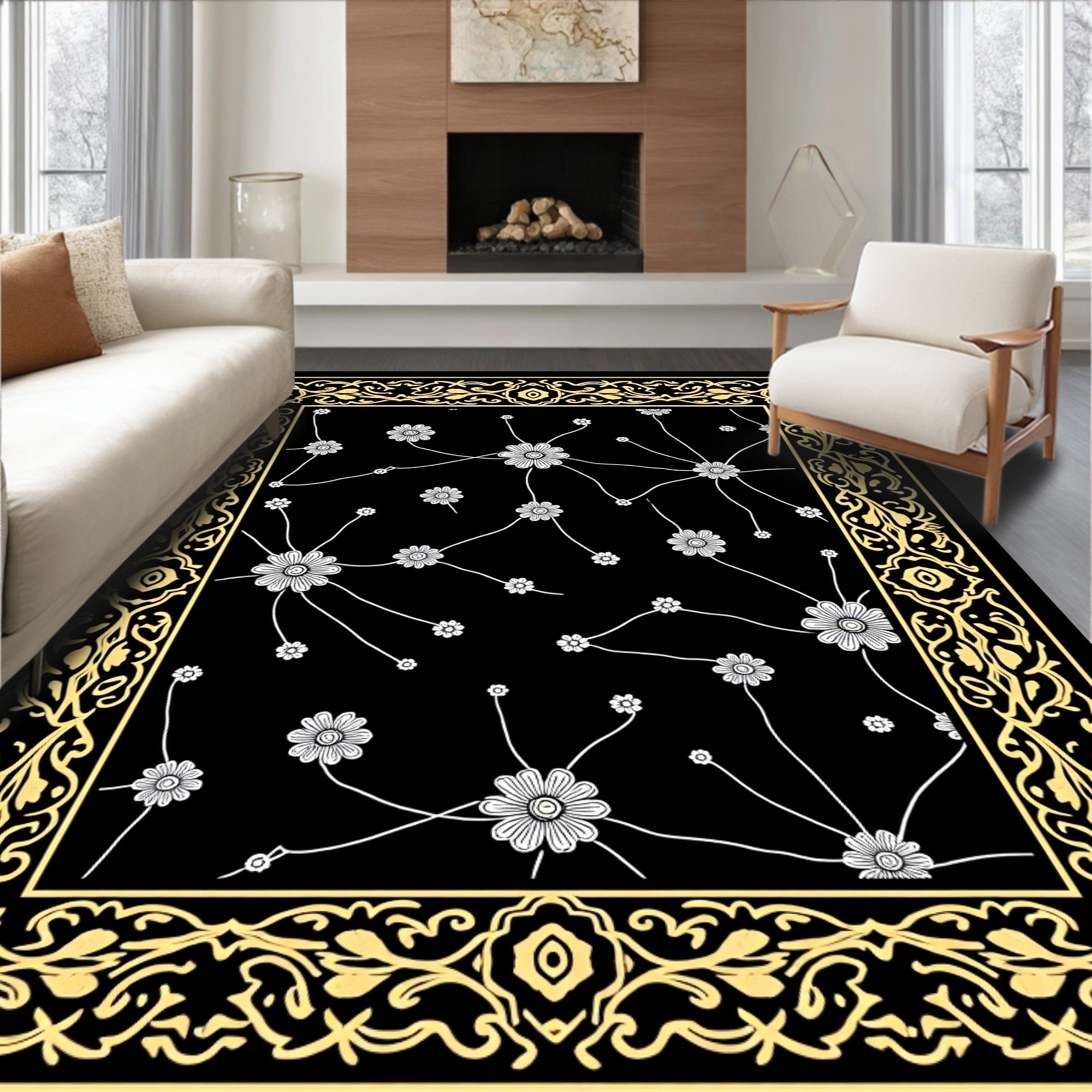 Black Golden Floral Vines Medallion Rug