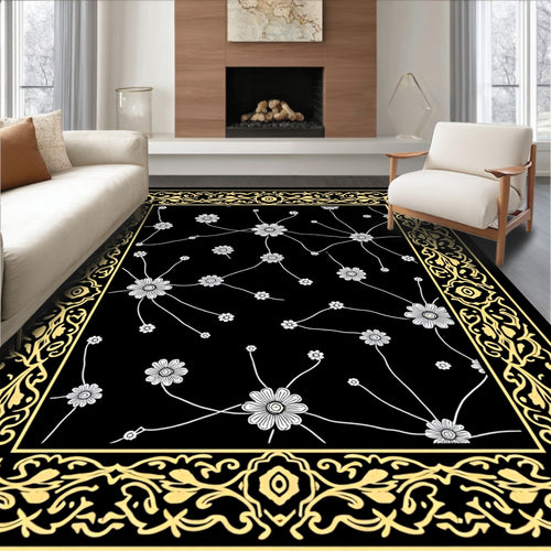 Black Golden Floral Vines Medallion Rug