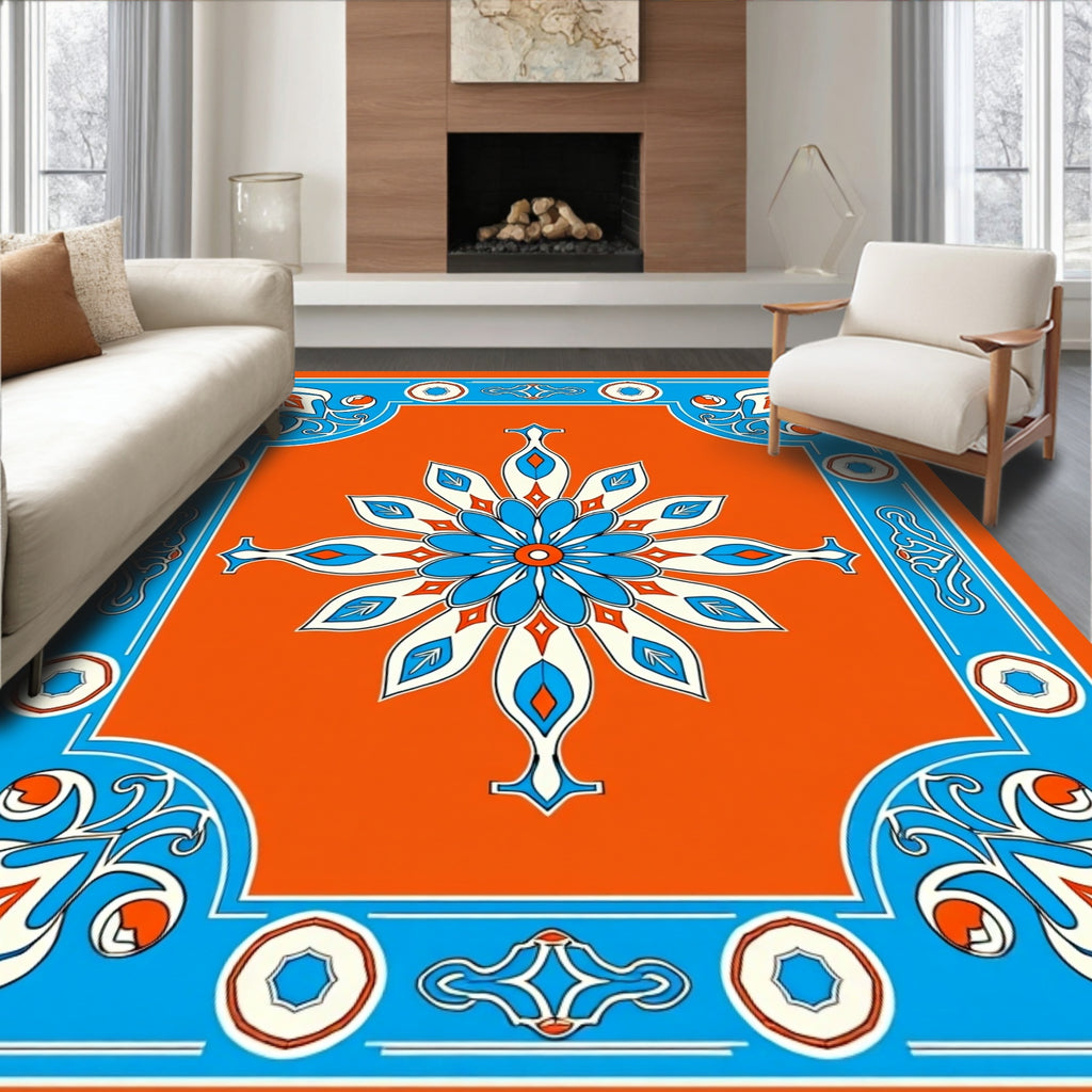 Vibrant Blue Orange Floral Medallion Rug
