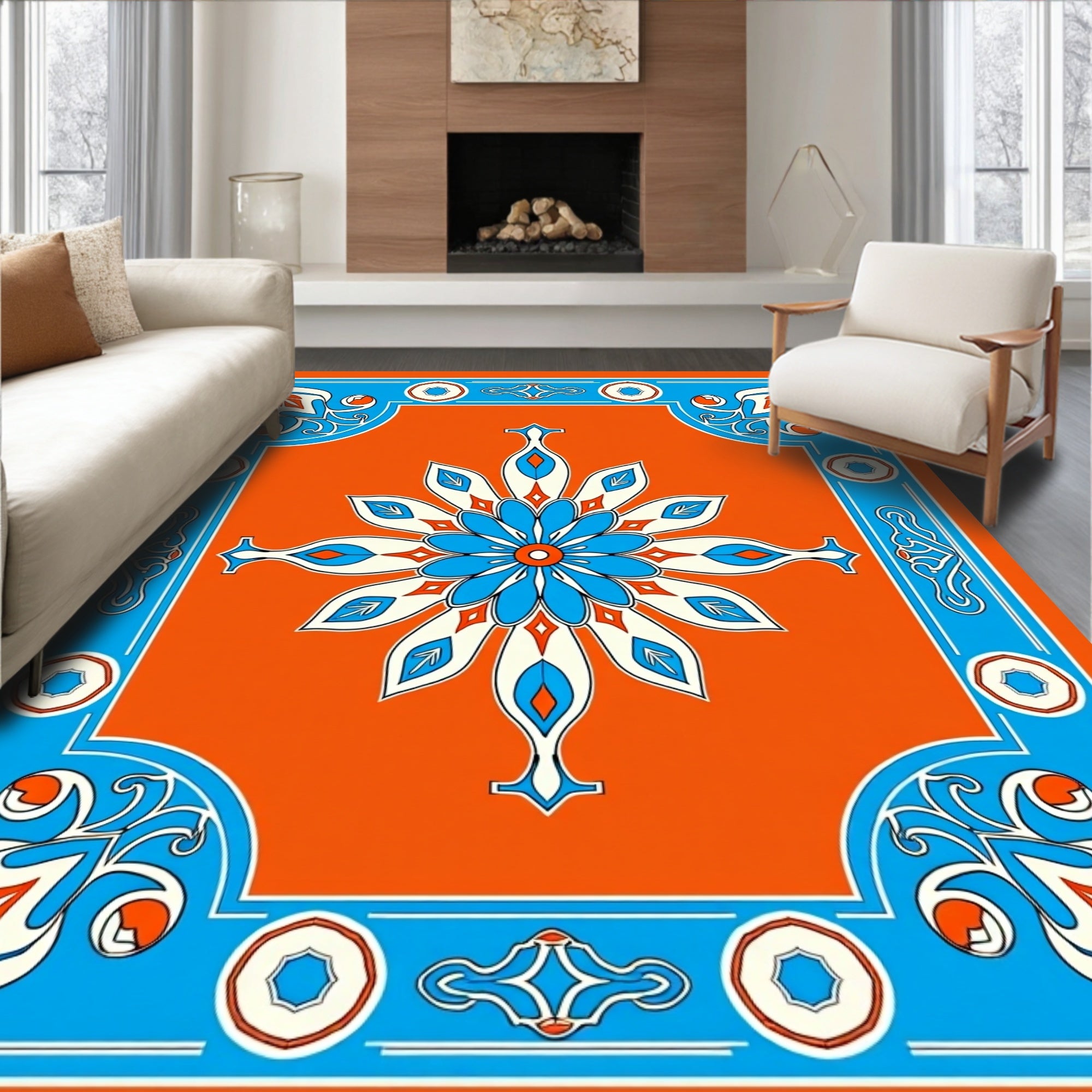 Vibrant Blue Orange Floral Medallion Rug