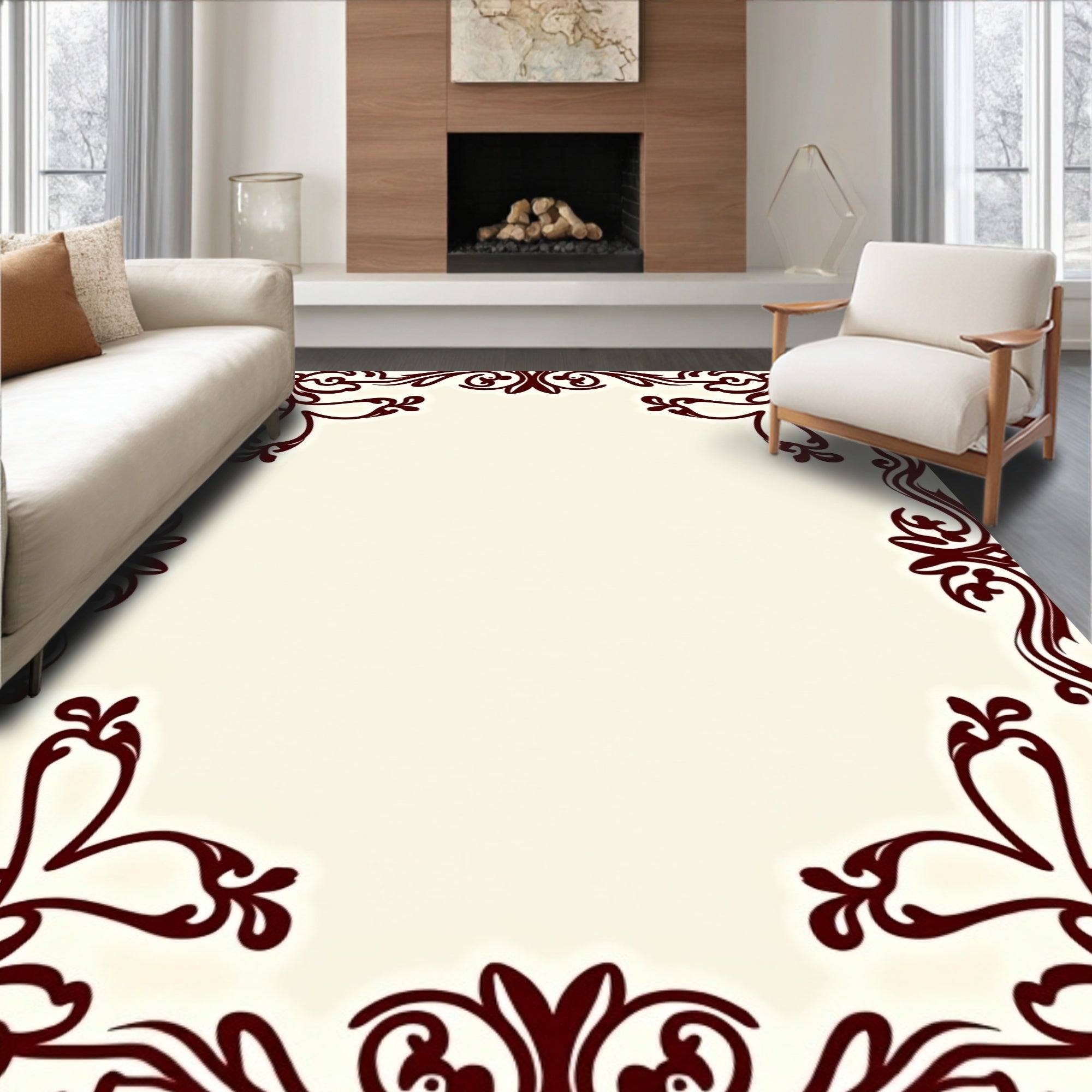 Deep Red Acanthus Swirl Flourish Frame Rug