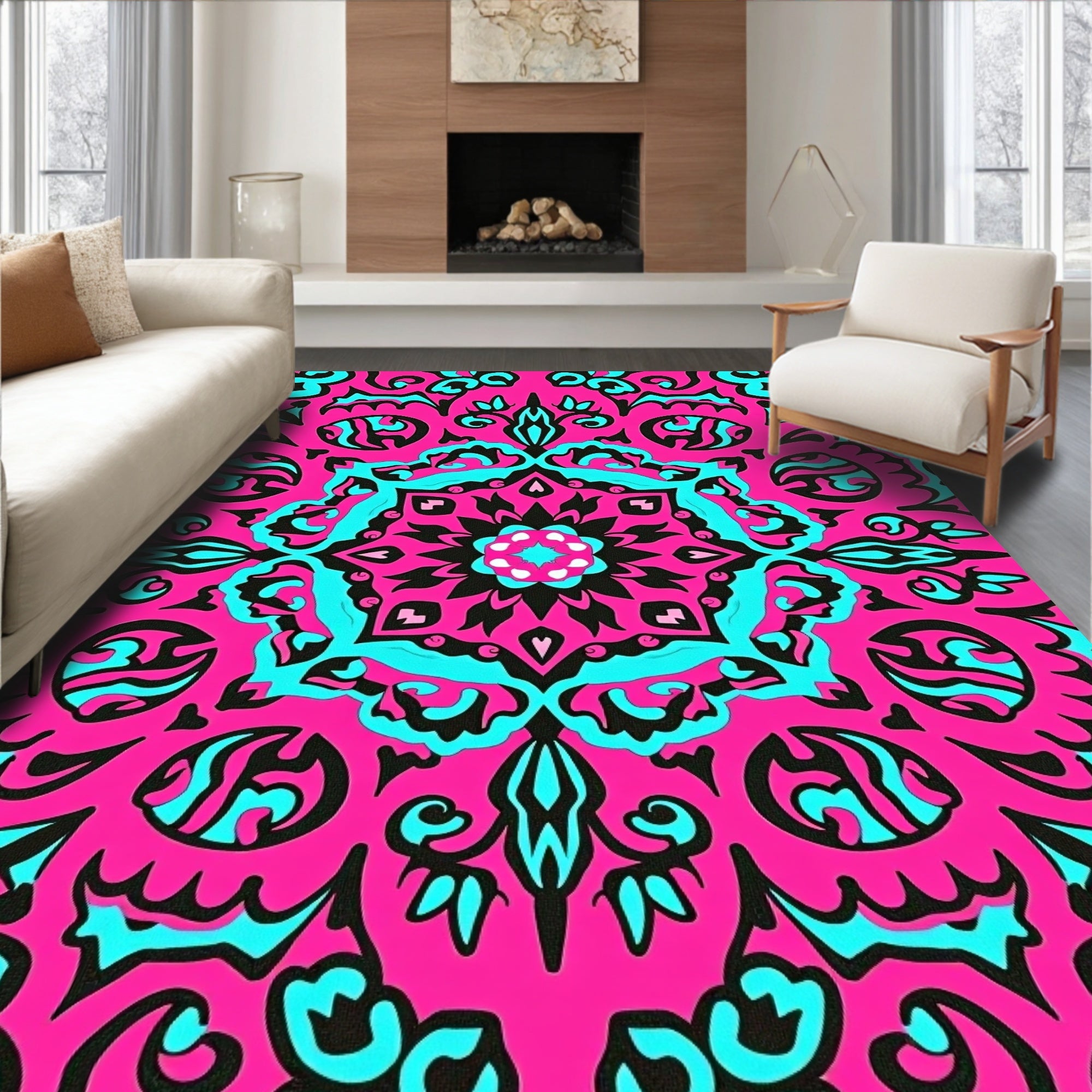 Vibrant Hot Pink Tribal Mandala Rug