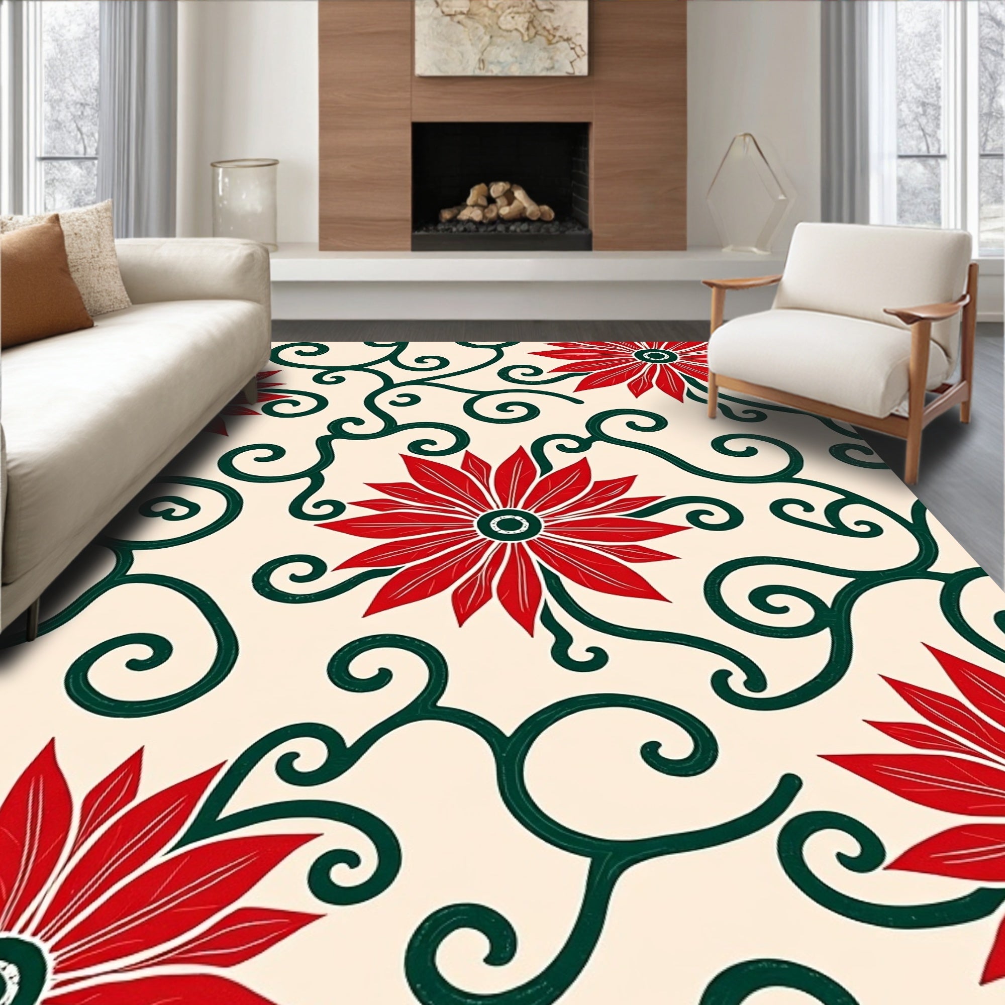 Crimson Poinsettia Vine Swirl Rug