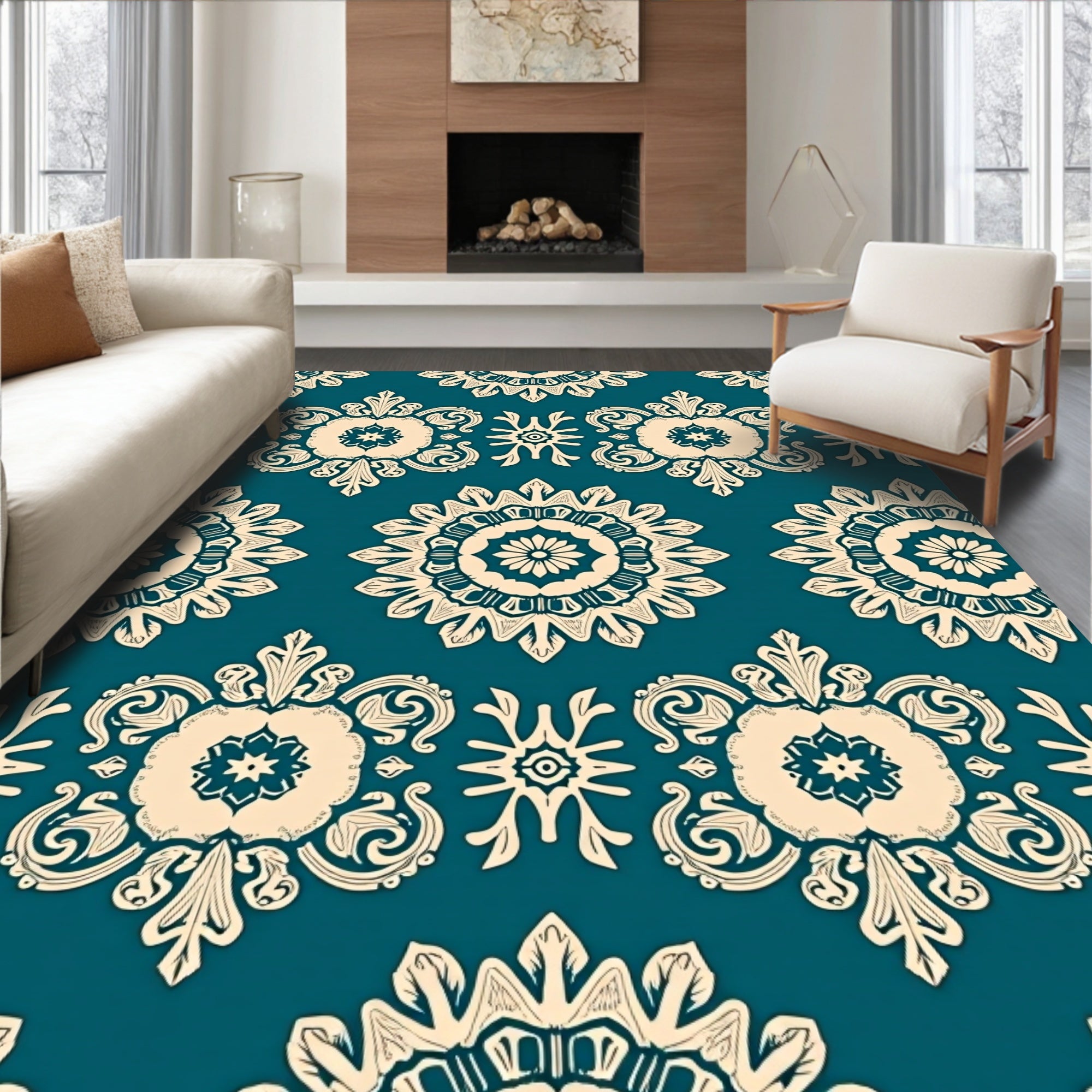 Teal Cream Floral Mandala Repeat Rug