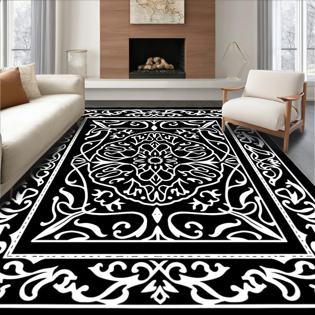 Black White Opulent Scrollwork Rug