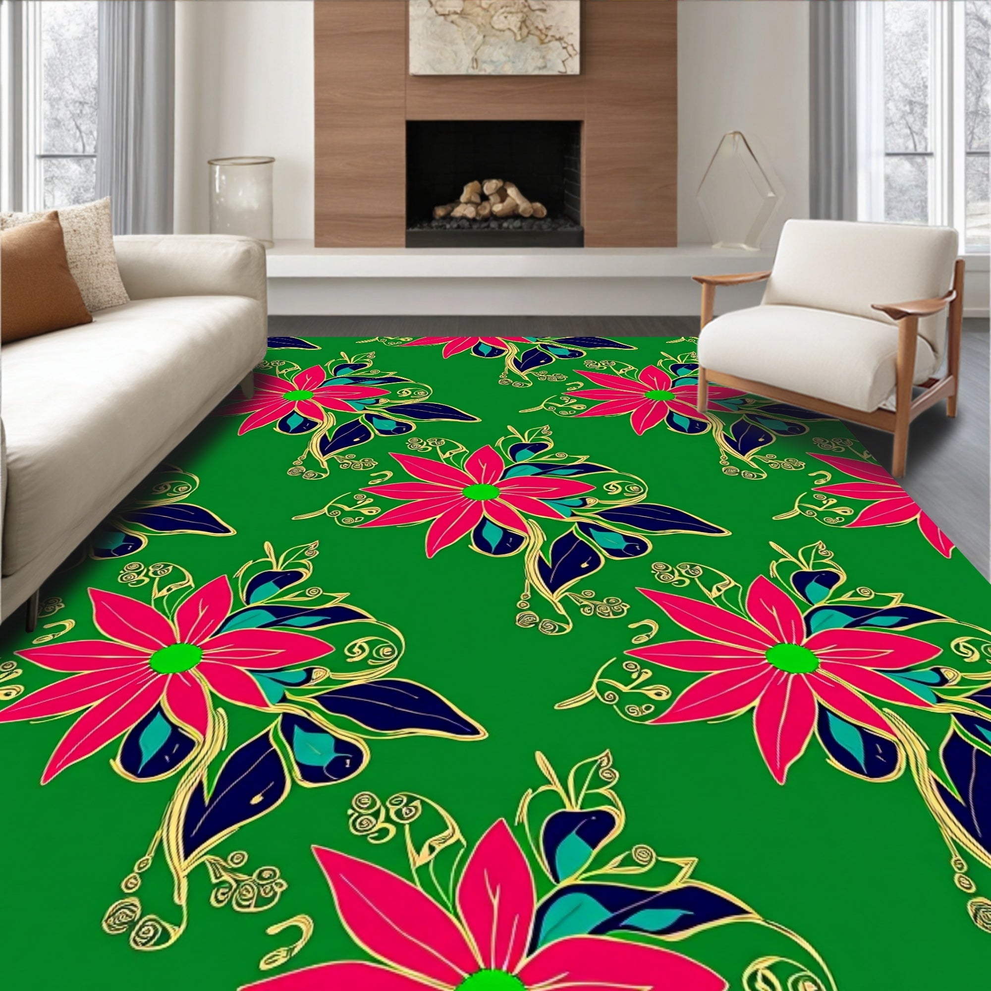 Vibrant Pink Floral Green Background Art Rug