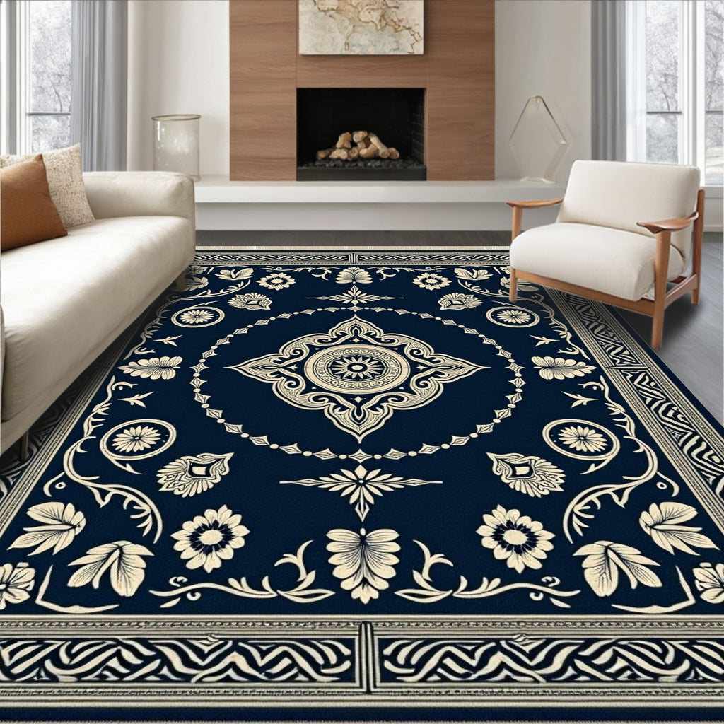 Deep Navy Cream Floral Scroll Border Rug