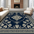 Deep Navy Cream Floral Scroll Border Rug