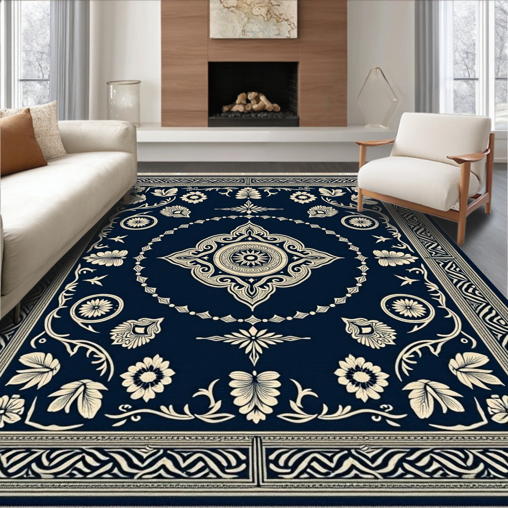 Deep Navy Cream Floral Scroll Border Rug