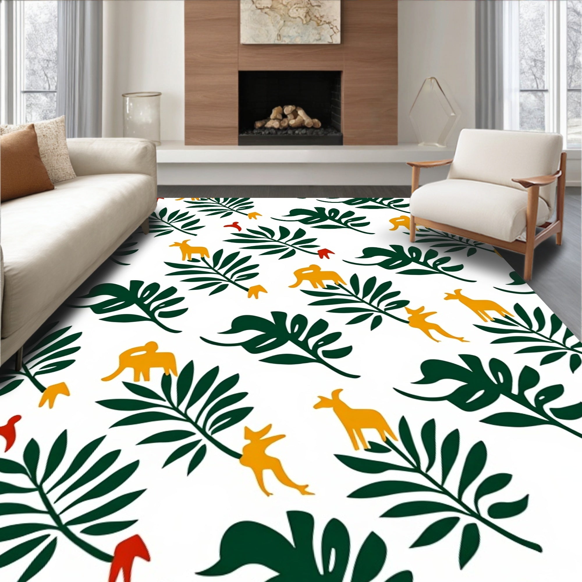 Whimsical Yellow Fauna Green Leafy Rug