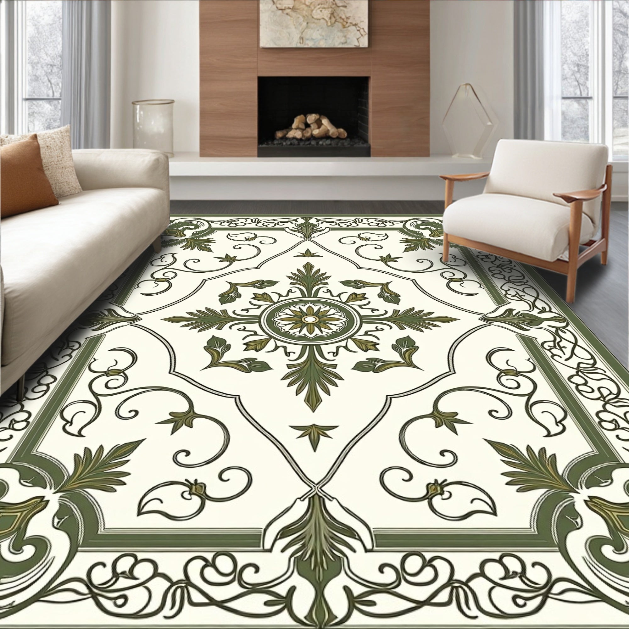 Antique Green Floral Medallion Border Rug