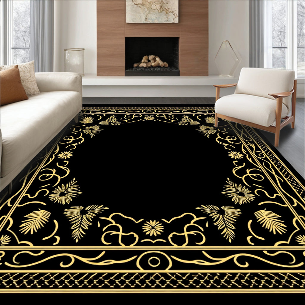 Golden Tropical Leaf Scroll Border Rug