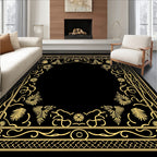 Golden Tropical Leaf Scroll Border Rug