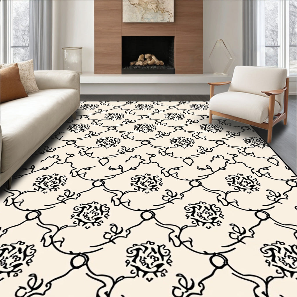 Ornate Black Vine Medallion Cream Layout Rug