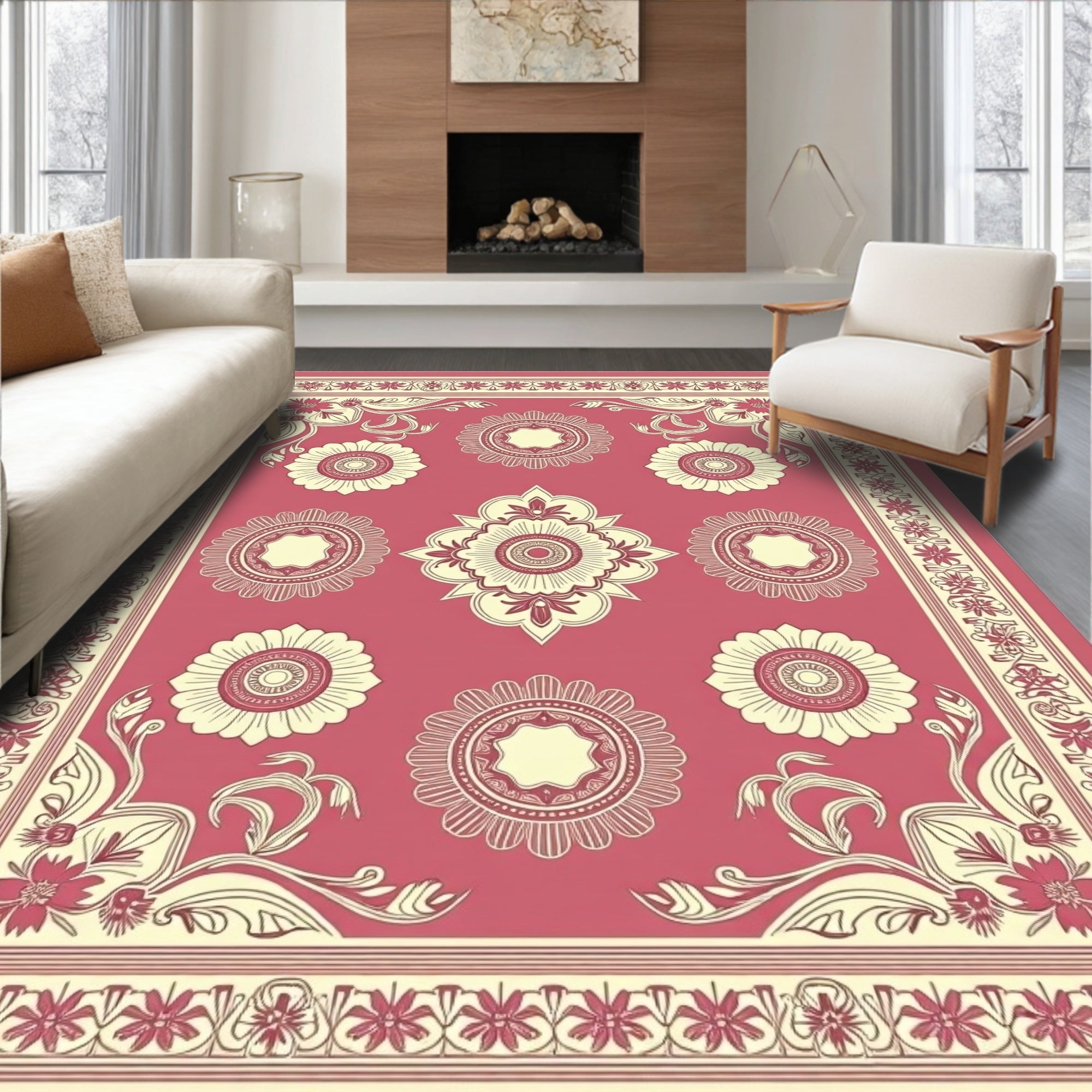 Rose Pink Floral Medallion Frame Rug