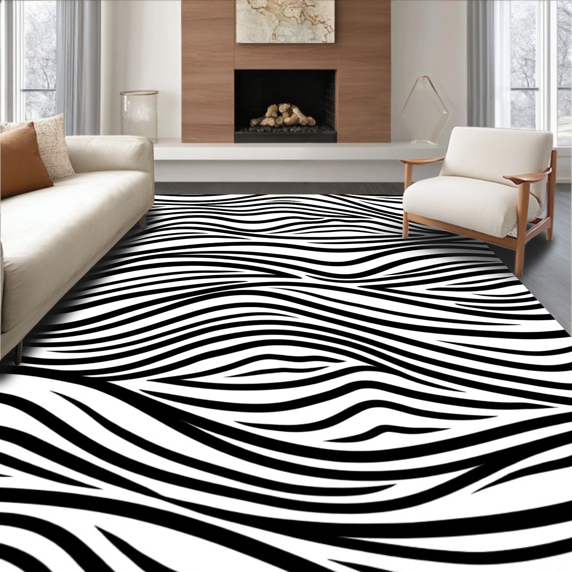 Bold Black White Wavy Stripe Rug
