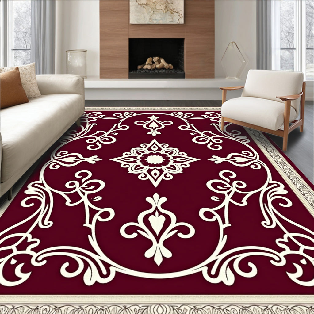 Maroon Floral Scroll Medallion Frame Rug