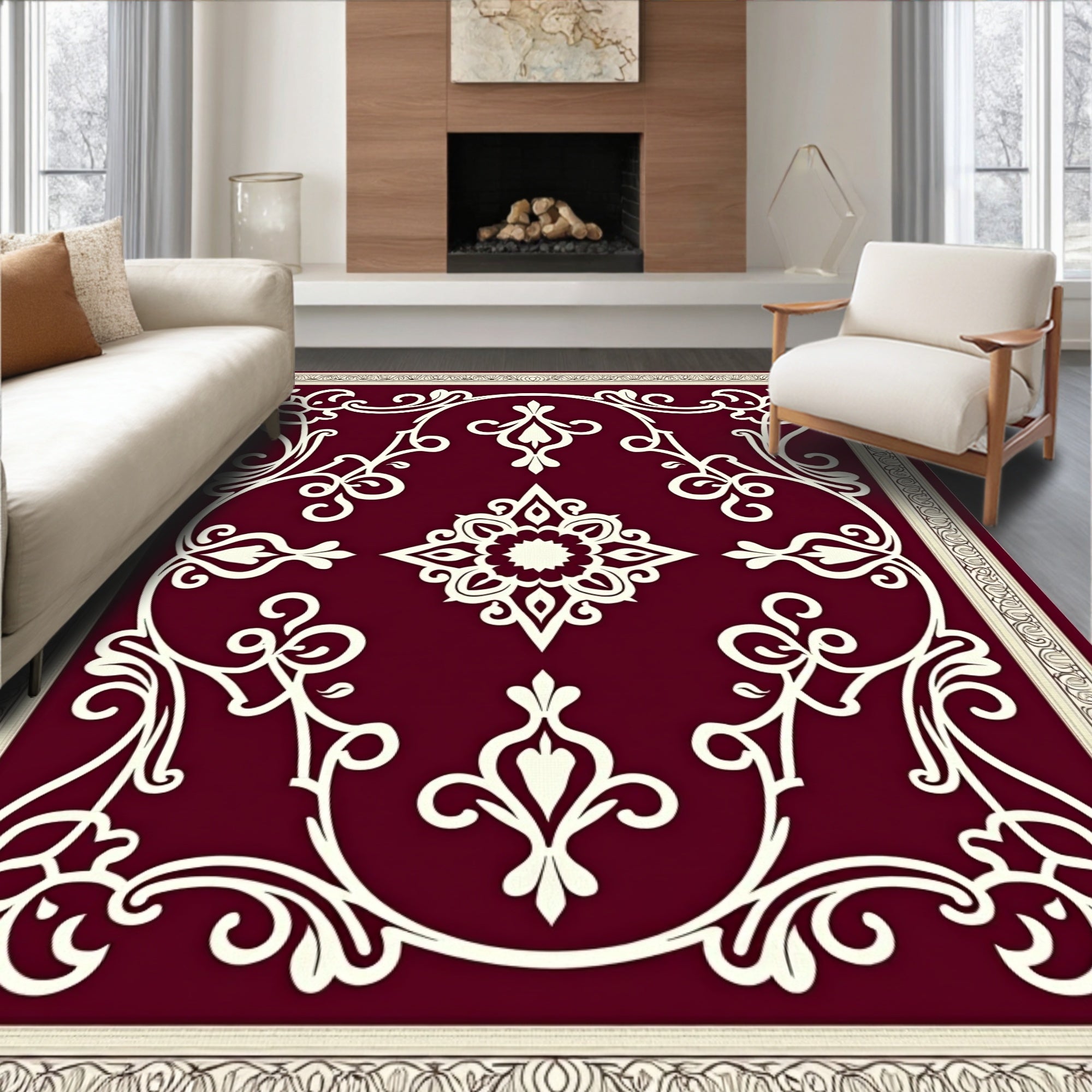 Maroon Floral Scroll Medallion Frame Rug