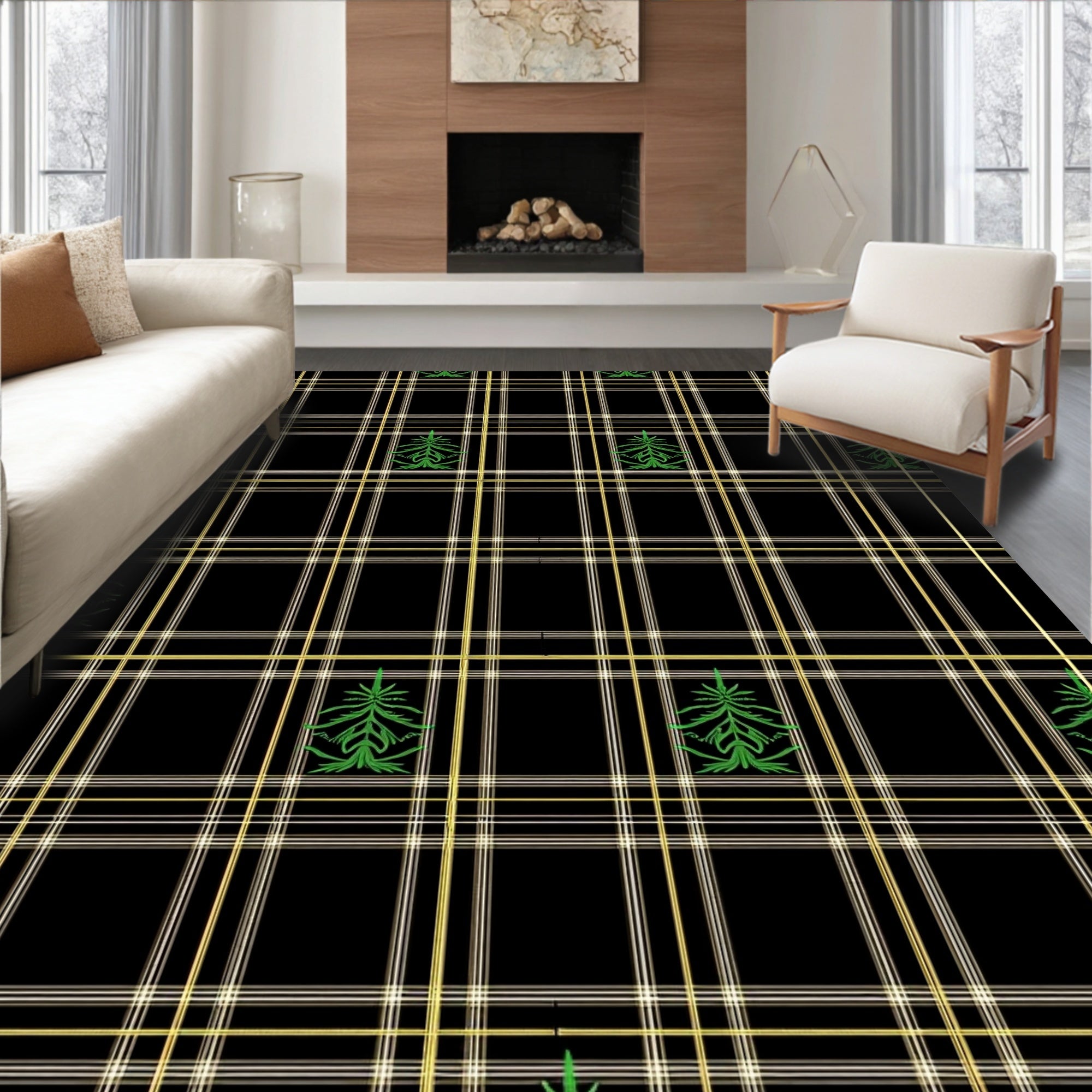 Black Gold Green Plaid Evergreen Tree Rug