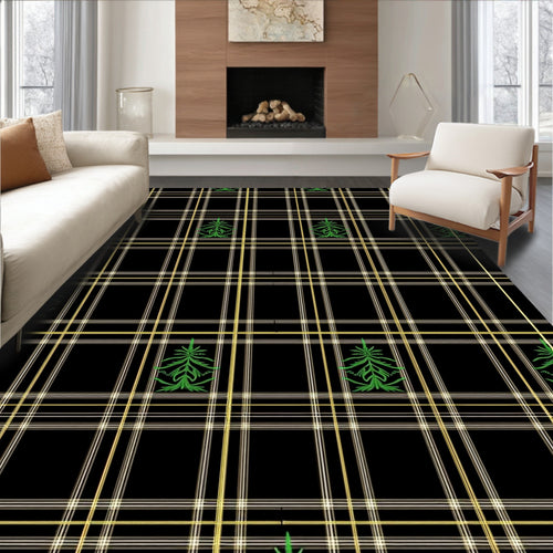 Black Gold Green Plaid Evergreen Tree Rug